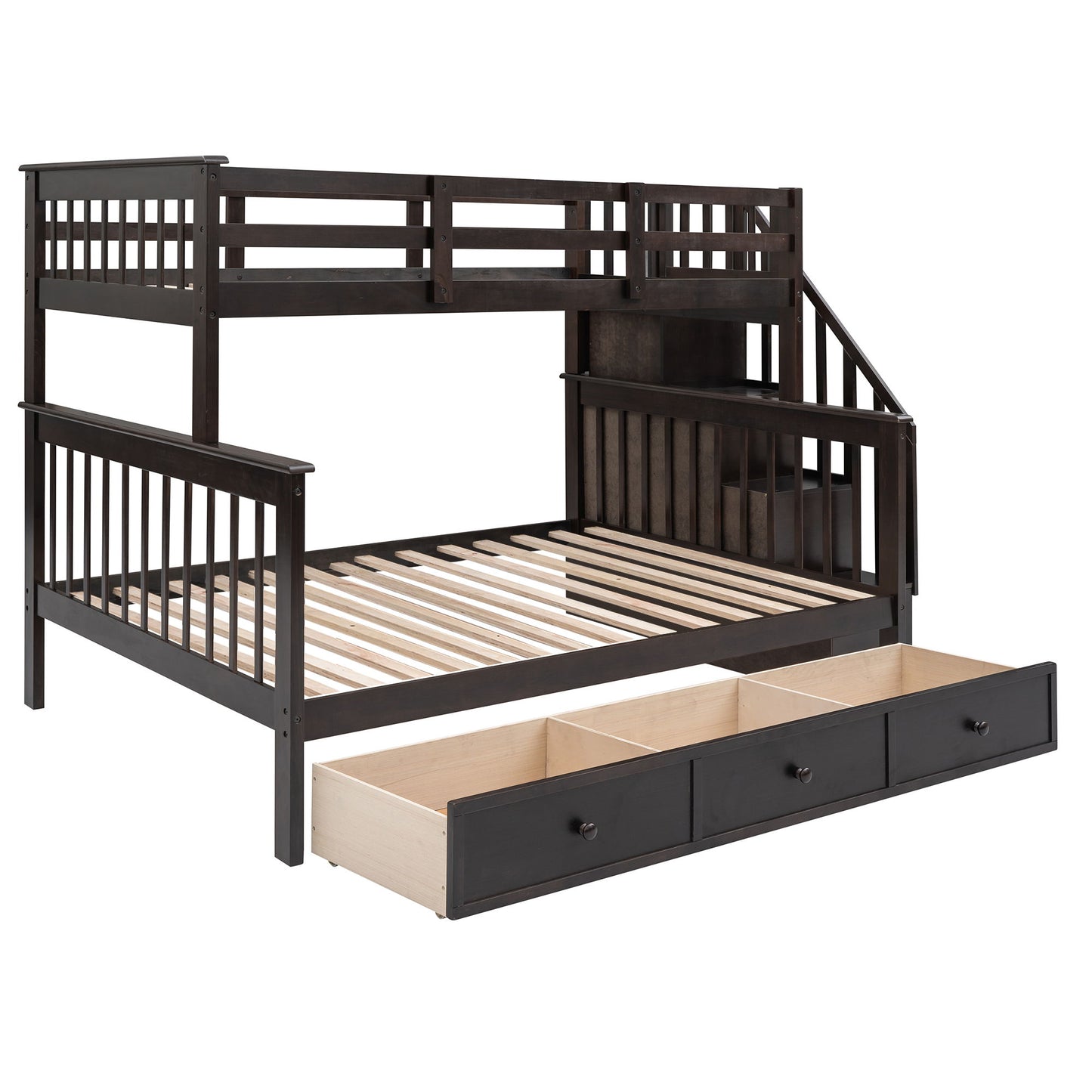 Twin Over Full Stairway Bunk Bed With Drawer, Storage And Guard Rail For Bedroom - Espresso