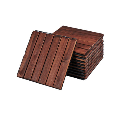 10 Piece Interlocking Deck Tiles Striped Pattern, Square Acacia Hardwood Outdoor Flooring For Patio, Bancony, Pool Side - Brown