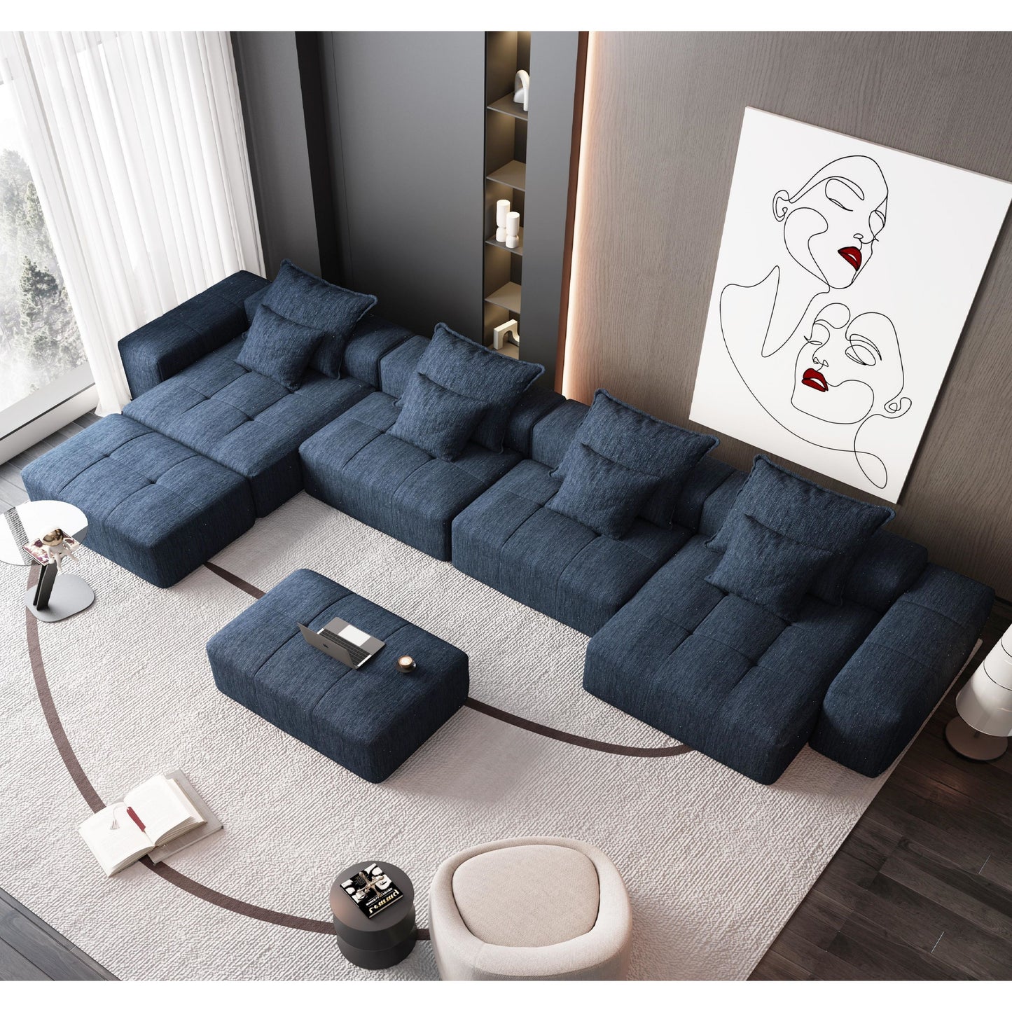 Modern Oversized Modular Sectional Sofa, Sparkling Chenille Fabric Soft Cushion Sofa With 8 Pillows, 8 Pieces Diy Combination Tufted Sofa, No Assembly Required - Blue