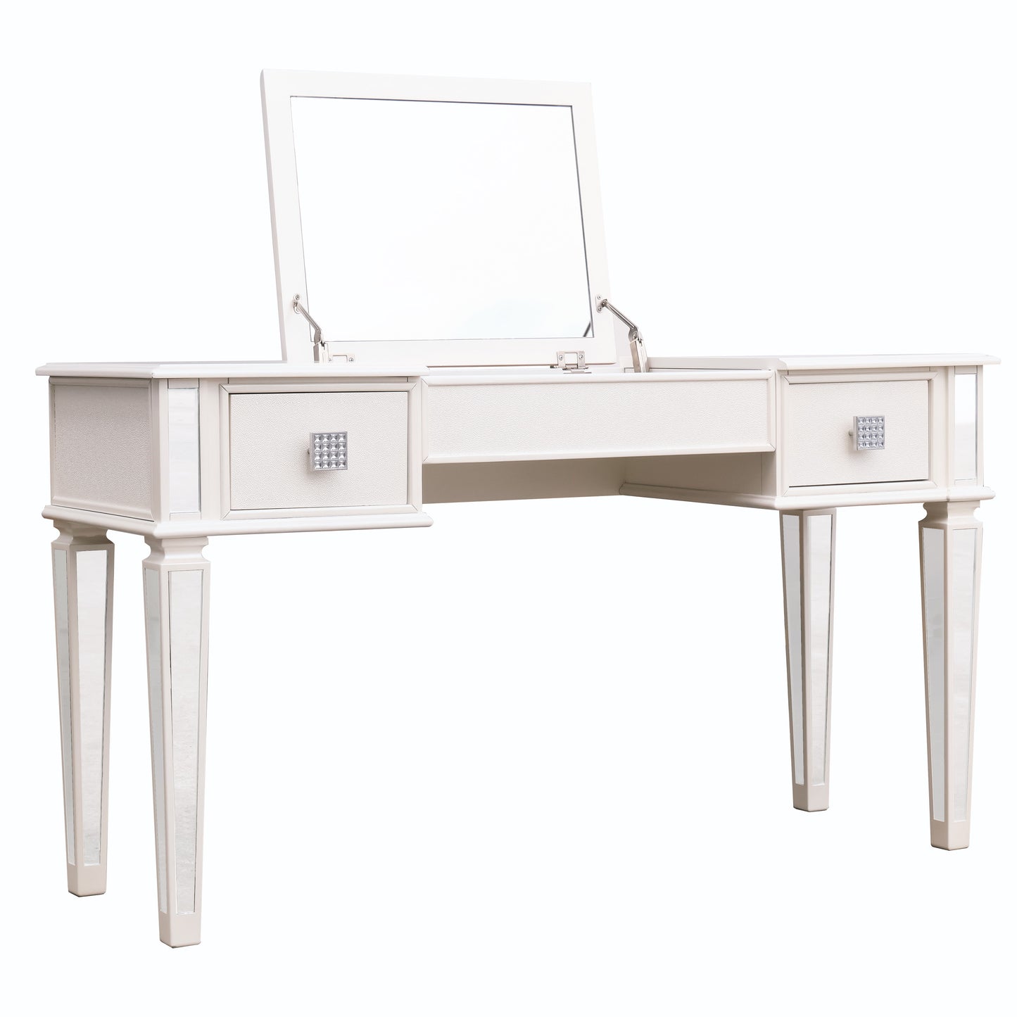 Elegant Mirrored Vanity Desk Set With Drawers And Flip Up Mirror, Silver Finish, Glass And Wood - White