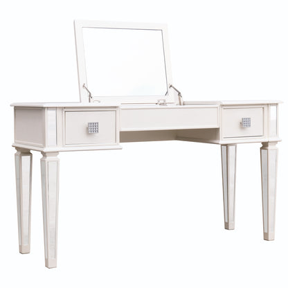 Elegant Mirrored Vanity Desk Set With Drawers And Flip Up Mirror, Silver Finish, Glass And Wood - White