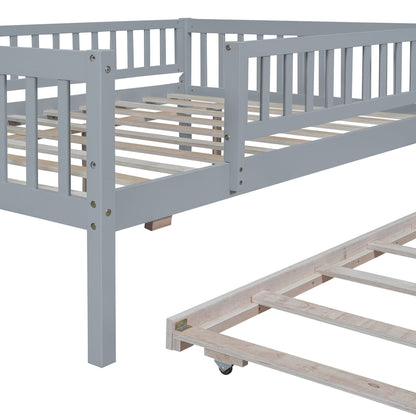 Full Size Daybed With Trundle And Fence Guardrails - Gray
