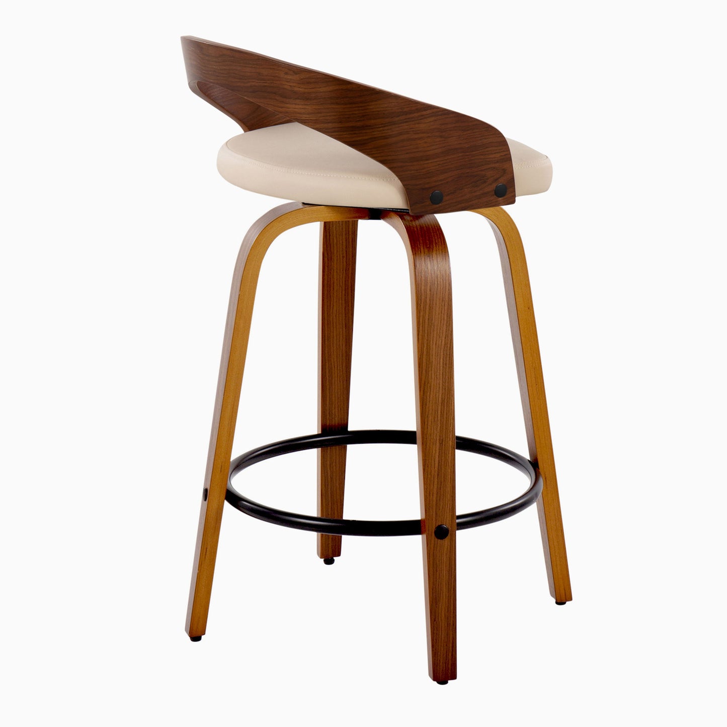 Grotto - Mid-Century Modern Fixed Height Counter Stool With Swivel & Round Footrest (Set of 2) - Walnut / Cream