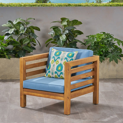 Outdoor Club Chair, Acacia Wood Patio Chair With Fabric Cushion For Backyard, Poolside, Garden Or Porch - Pecan / Blue