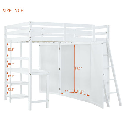 Full Size Loft Bed With Wardrobe And Desk And Shelves - White