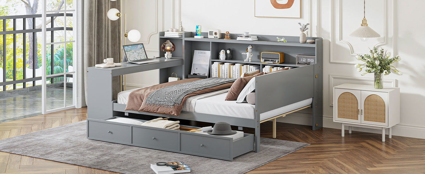 Full Size Daybed With 3 Drawers USB Ports And Desk - Gray