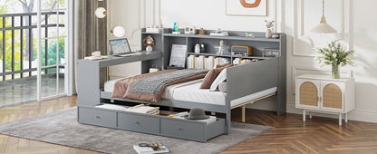 Full Size Daybed With 3 Drawers USB Ports And Desk - Gray