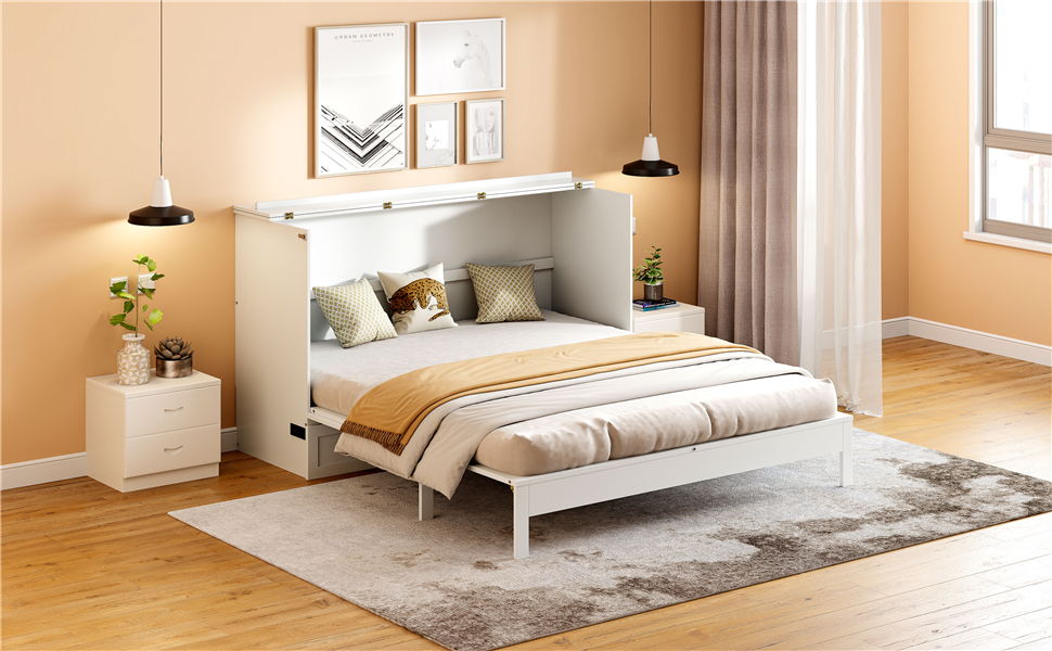 Queen Size Murphy Bed With Large Drawers - White