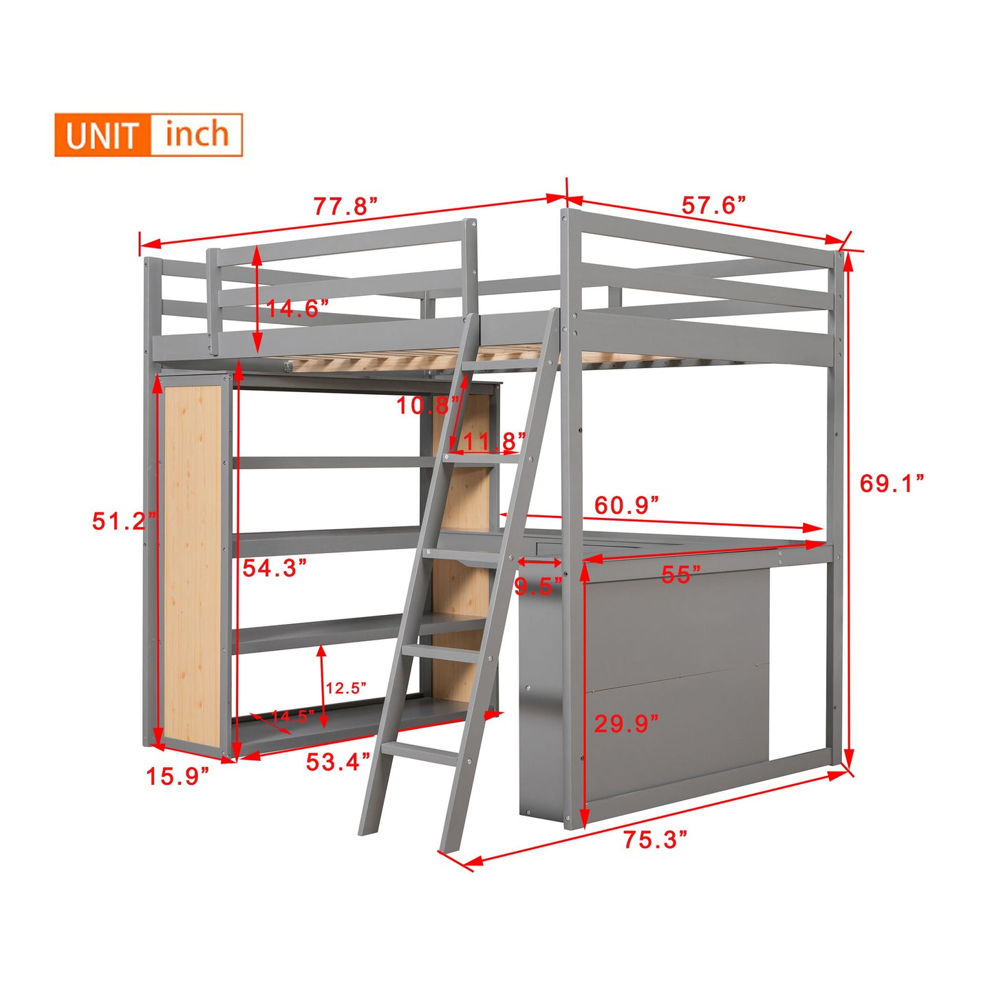 Full Size Loft Bed With Ladder, Shelves, And Desk - Gray