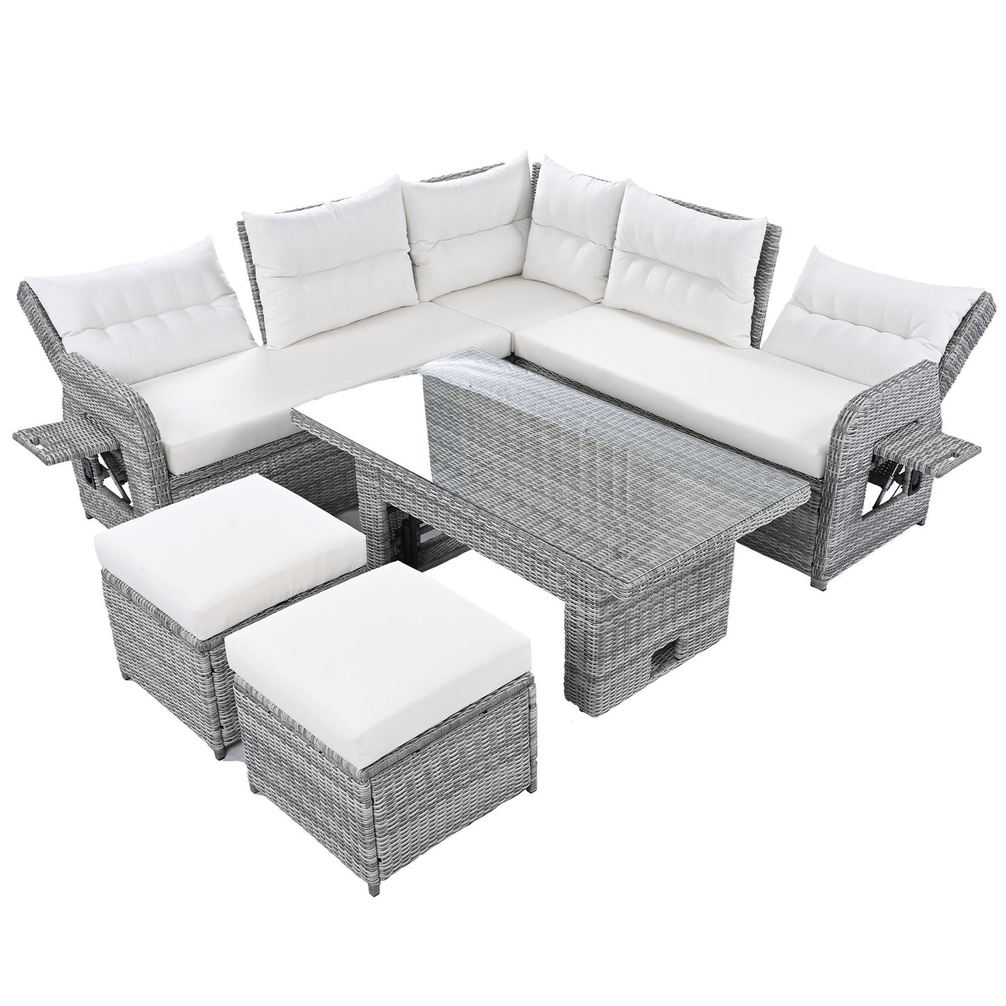 Outdoor Furniture Set Patio Rattan Furniture Set With An Adjustable Table, Recliners With Extendable Side Tables, And 2 Ottomans For Patio, Lawn, Backyard, Pool - Beige