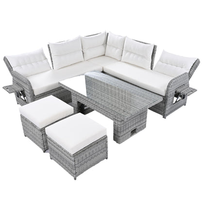 Outdoor Furniture Set Patio Rattan Furniture Set With An Adjustable Table, Recliners With Extendable Side Tables, And 2 Ottomans For Patio, Lawn, Backyard, Pool - Beige