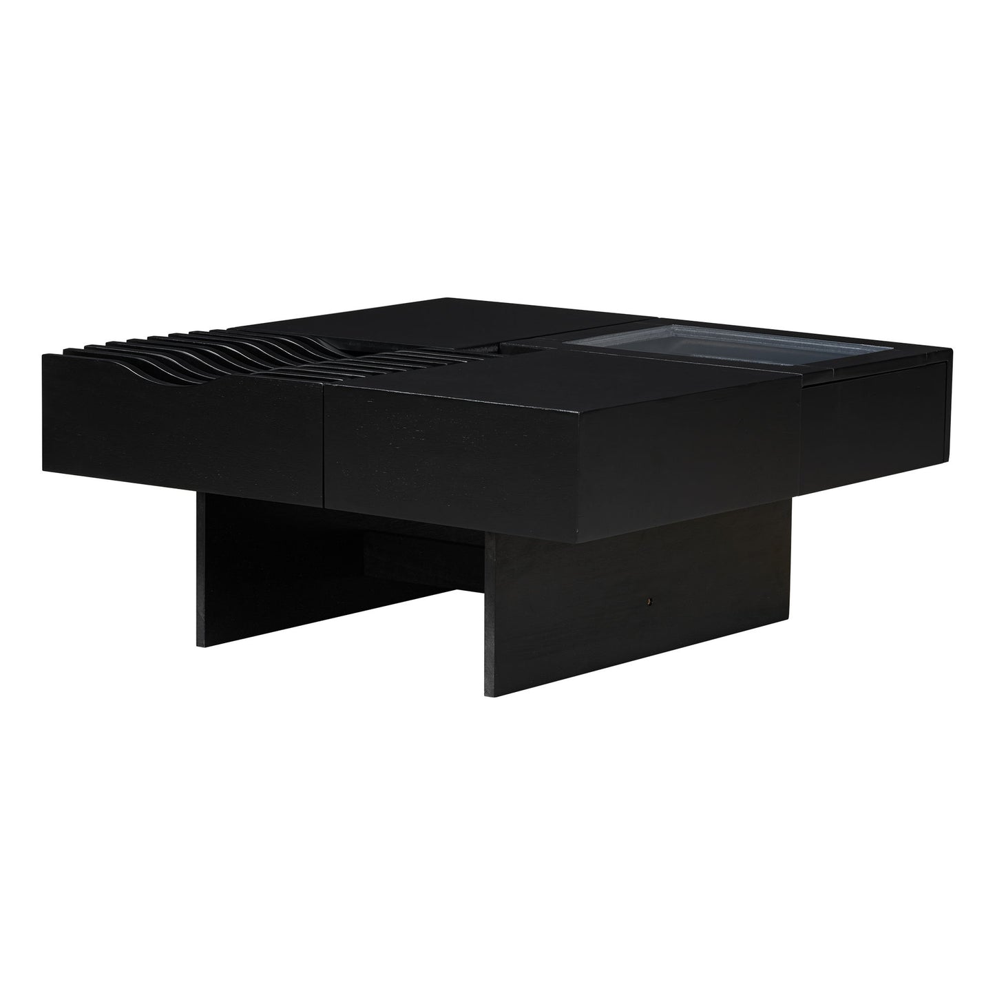 Mid Century Modern Coffee Table, Unique Square Wooden Coffee Table With 3 Drawers, Tempered Glass And Solid Wood Legs For Living Room - Black
