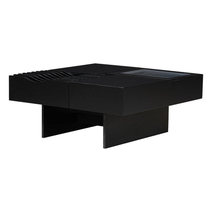 Mid Century Modern Coffee Table, Unique Square Wooden Coffee Table With 3 Drawers, Tempered Glass And Solid Wood Legs For Living Room - Black