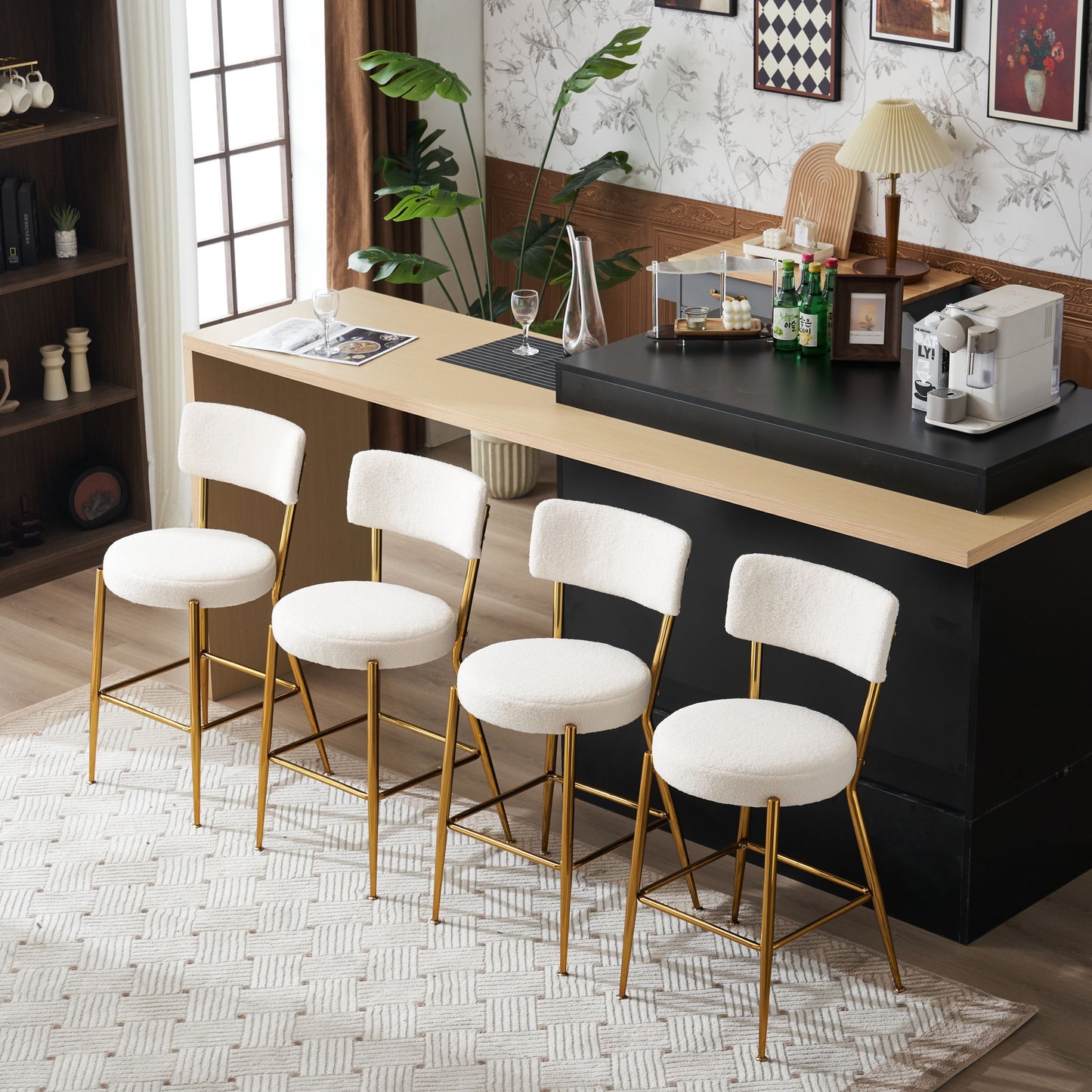 Modern Teddy Fabric Upholstered Bar Stools (Set of 2) - White / Gold