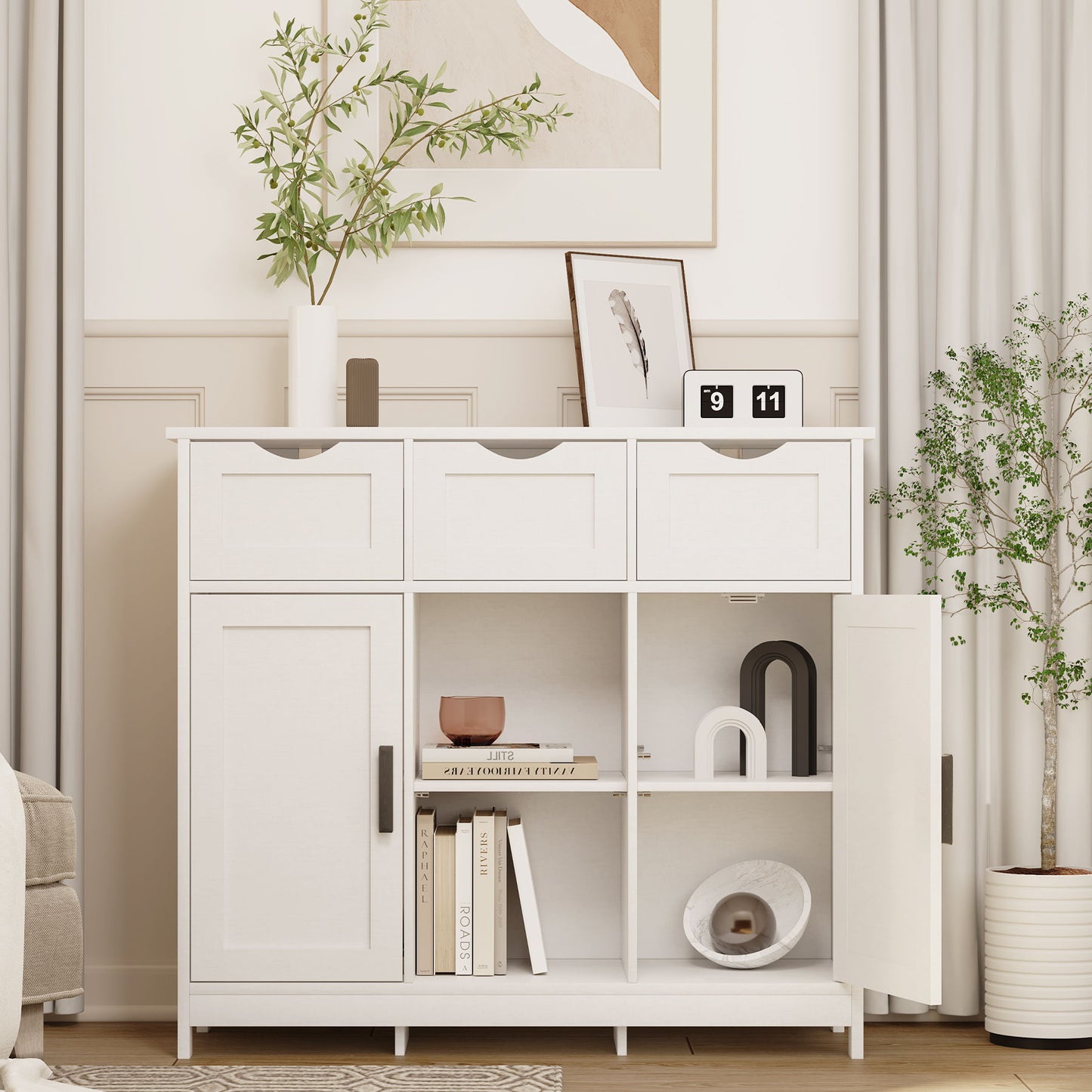 Storage Cabinets, Wooden Floor Cabinet, With Drawers And Shelves Storage Cabinets, Accent Cabinet For Living Room, Bedroom, Bathroom Furniture Home Decor - White