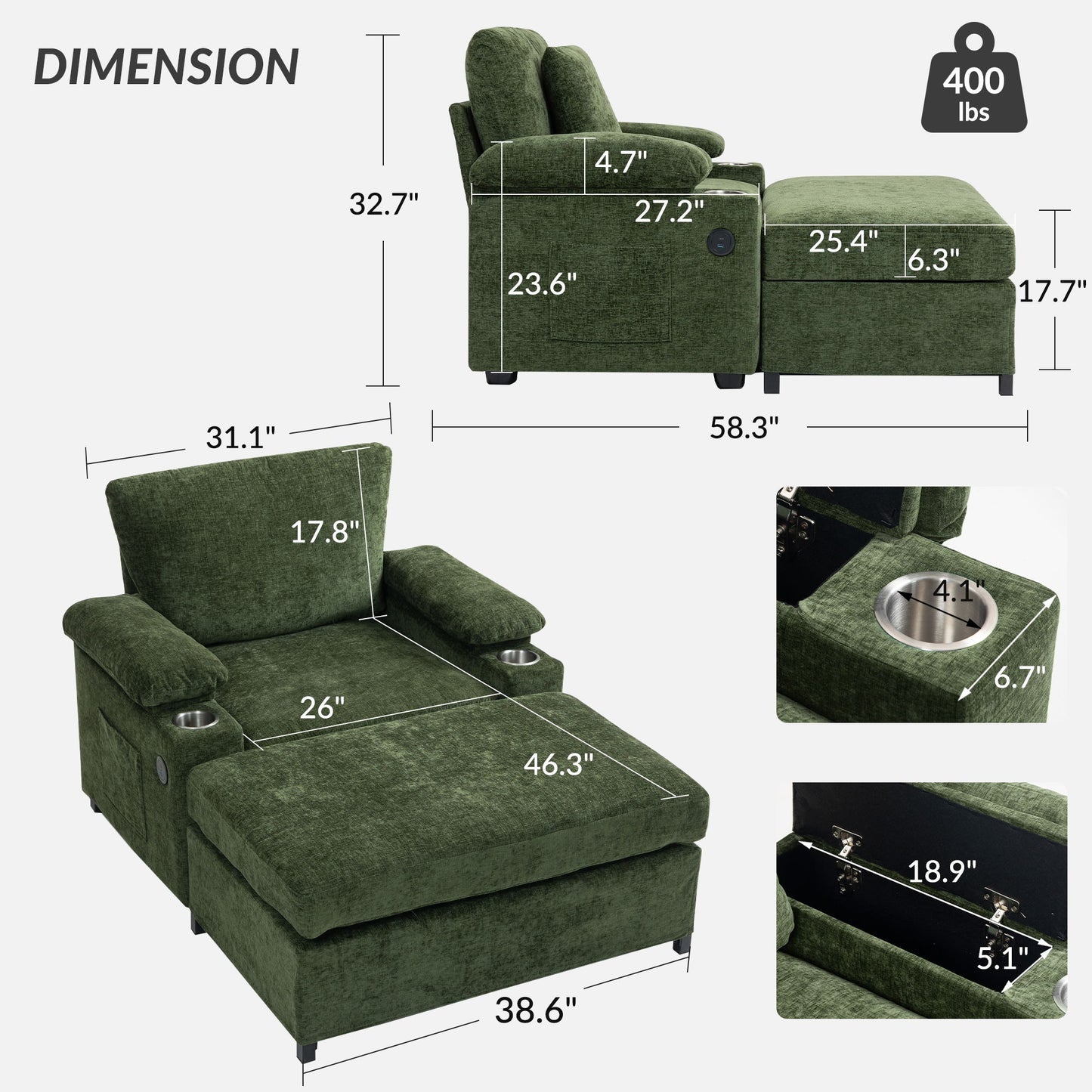 Modern Oversized Chair With Ottoman, Chenille Fabric Sofa Bed, Accent Chair Comfy Sofa With Cupholders And USB Charging Ports Chair For Living Room, Bedroom, Apartment - Green