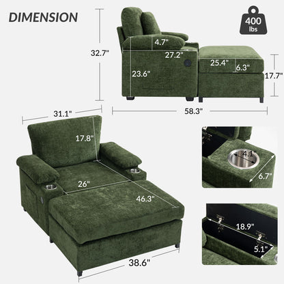 Modern Oversized Chair With Ottoman, Chenille Fabric Sofa Bed, Accent Chair Comfy Sofa With Cupholders And USB Charging Ports Chair For Living Room, Bedroom, Apartment - Green