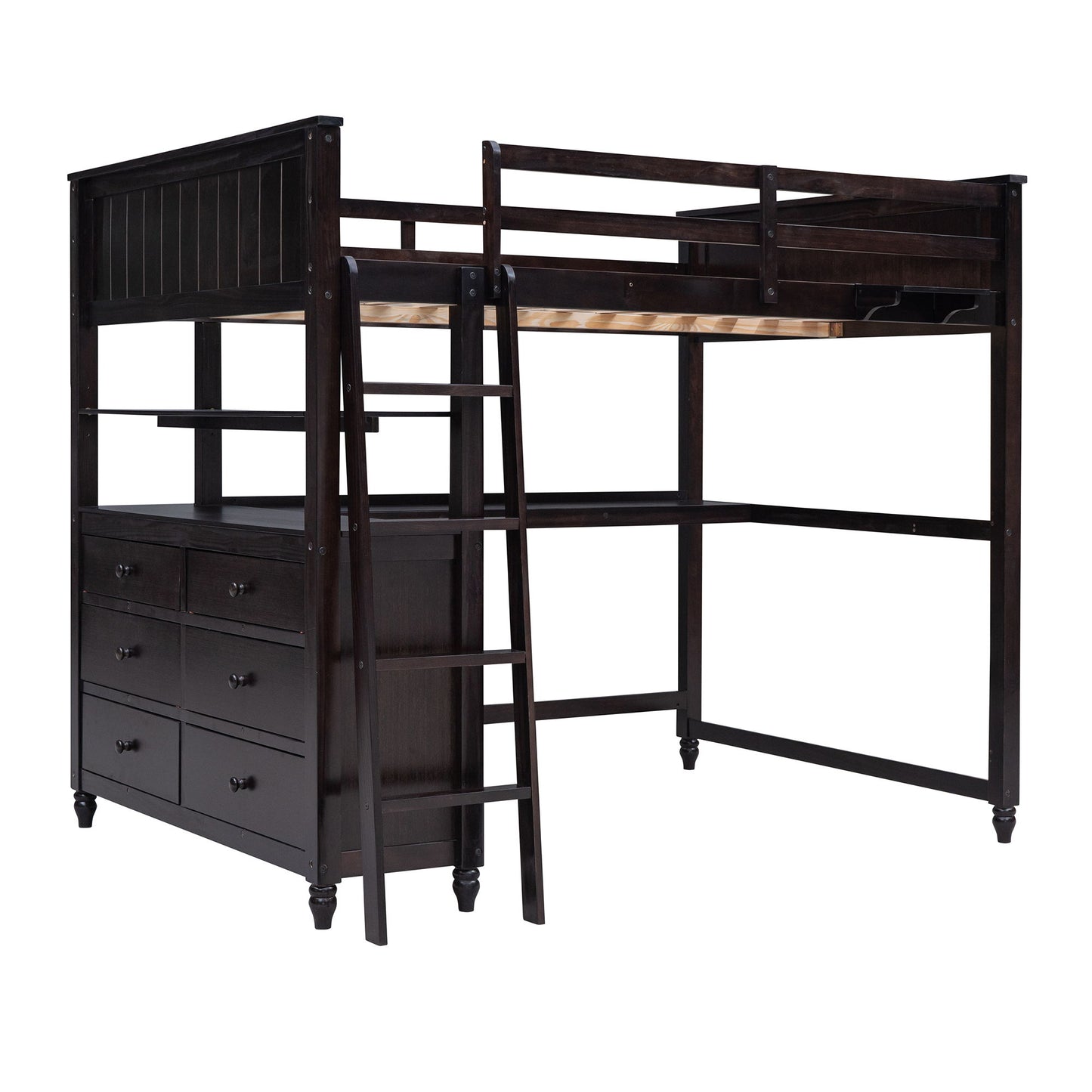 Full Size Loft Bed With Drawers And Desk With Shelves - Espresso