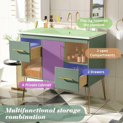 Bathroom Vanity With Resin Sink Combo Set, Modern Freestanding Single Bathroom Cabinet With 2 Drawers & 2 Storage Compartments, Storage Cabinet For Bathroom, Frame Vanity Set - Green
