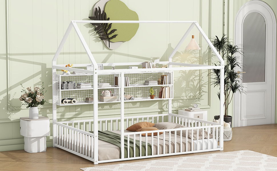 Full Size Bed House Frame With Fence And Shelves - White