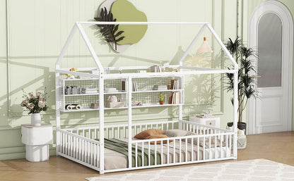 Full Size Bed House Frame With Fence And Shelves - White