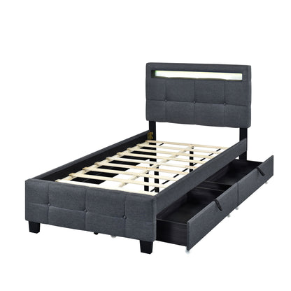 Twin Size Upholstered Platform Bed With LED Frame And 2 Drawers - Gray