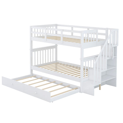 Twin Over Twin Stairway Bunk Bed With Twin Size Trundle For Bedroom - White
