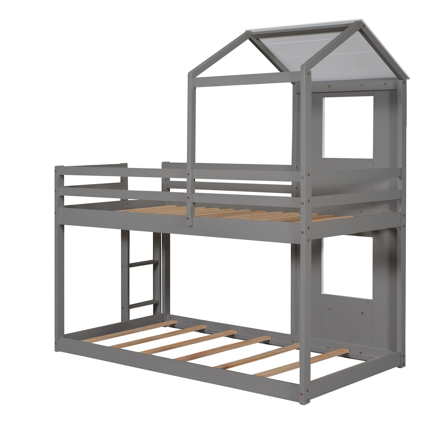 Twin Over Twin Bunk Bed With Roof, Window, Guardrail, Ladder - White