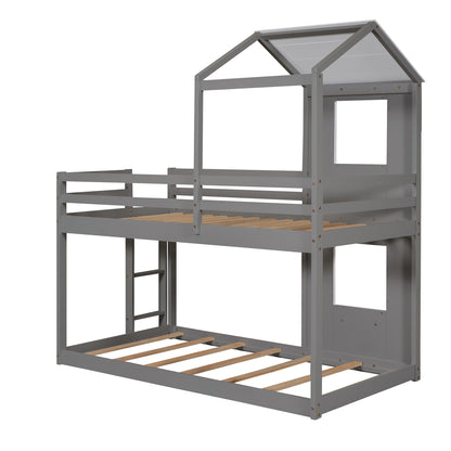 Twin Over Twin Bunk Bed With Roof, Window, Guardrail, Ladder - White