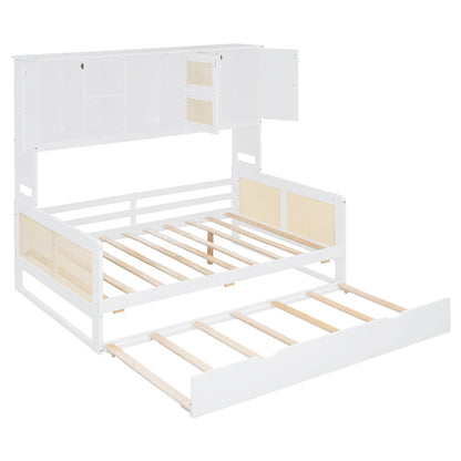 Full Size Wooden Daybed & Twin Size Trundle, And All In One Cabinet And Shelf - White