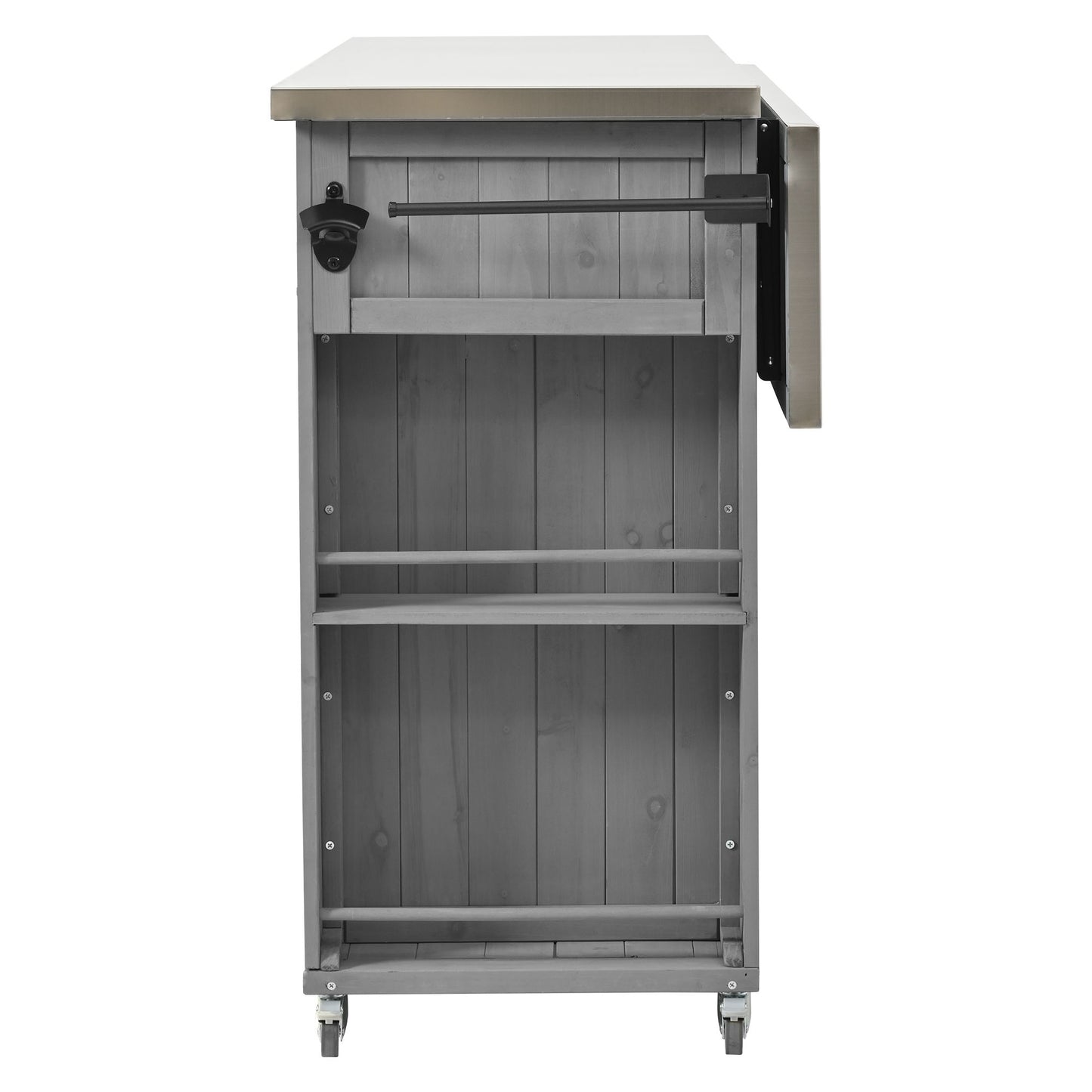Outdoor Kitchen Island Fir Wood Kitchen Island With Stainless Steel Top, Ample Storage Space, Towel And Spice Racks And A Bottle Opener For Outdoor - Gray