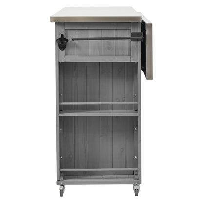 Outdoor Kitchen Island Fir Wood Kitchen Island With Stainless Steel Top, Ample Storage Space, Towel And Spice Racks And A Bottle Opener For Outdoor - Gray