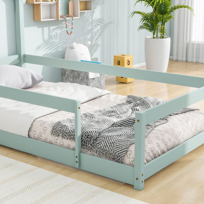 Twin Size Wood Bed With House-Shaped Headboard Floor Bed With Fences - Light Green