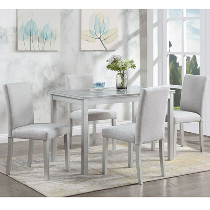 5 Piece Wooden Dining Table Set, Kitchen Table Set With A Rectangular Table And 4 Upholstered Chairs, Wooden Dining Room Table With Crystal Decoration And Chairs Set - Silver Gray
