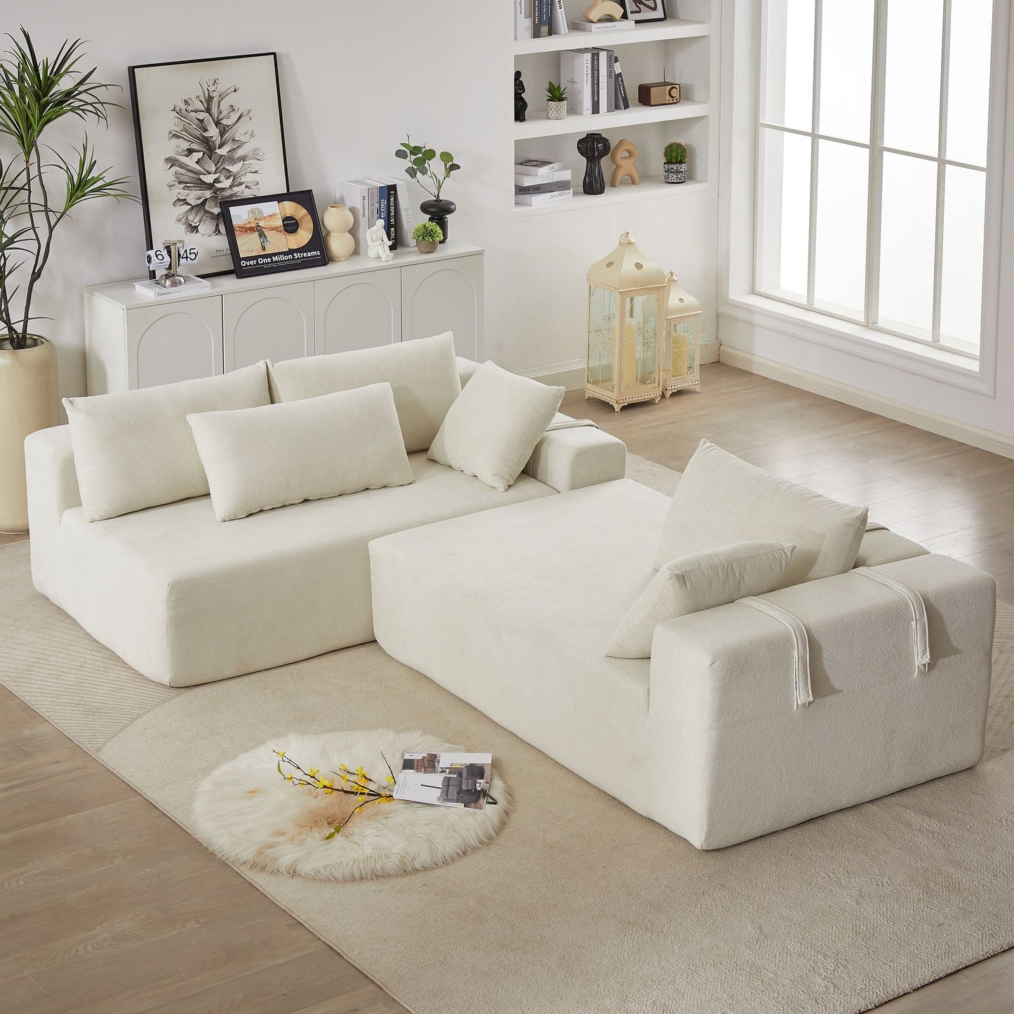Modern Chenille Upholstered Sectional Sofa Couch Set, Modular L Shaped Sectional Living Room Sofa Set With 6 Pillows, Free Combination - Beige