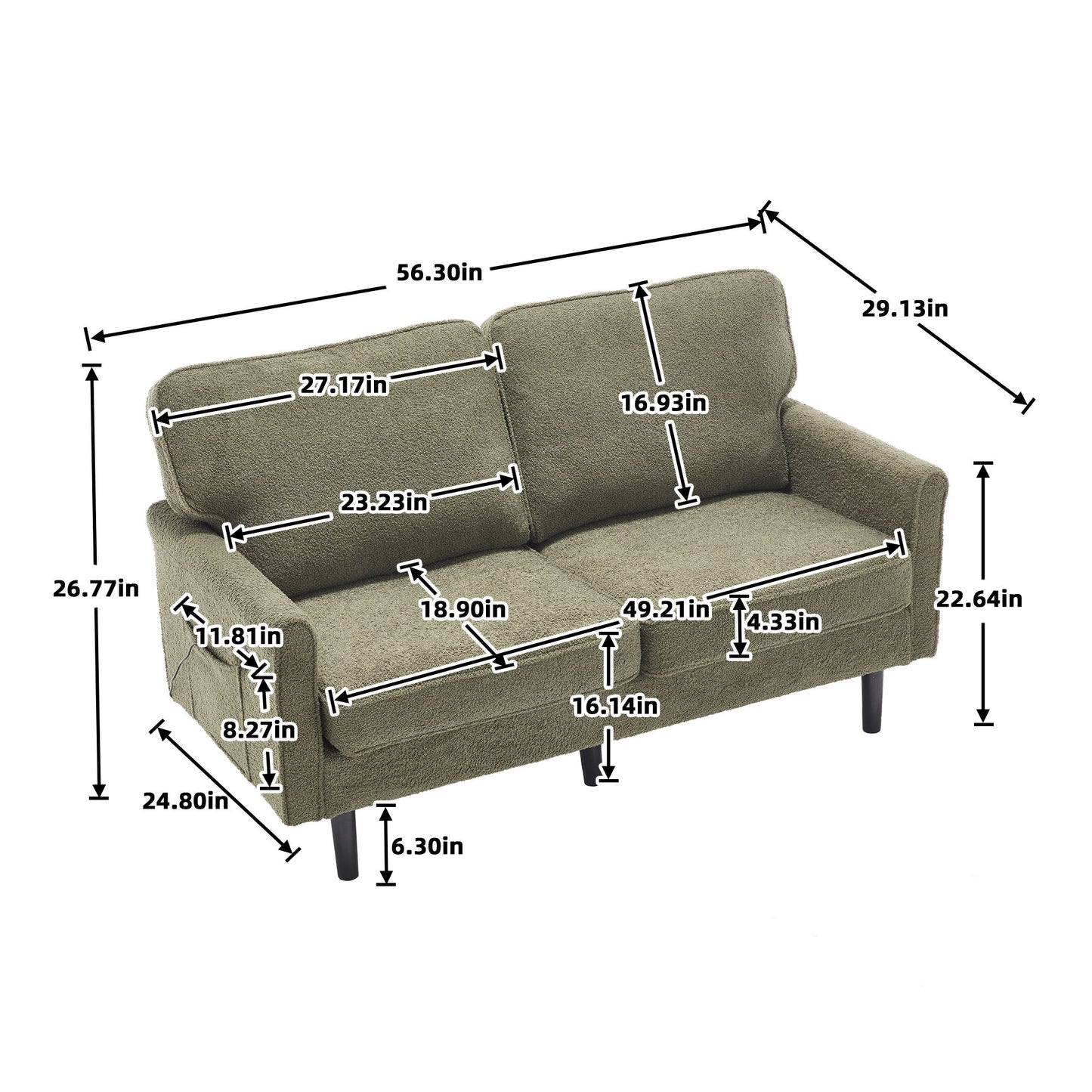 Mid Century Modern Loveseat Sofa With USB Ports, Removable Pillow Cover - Green