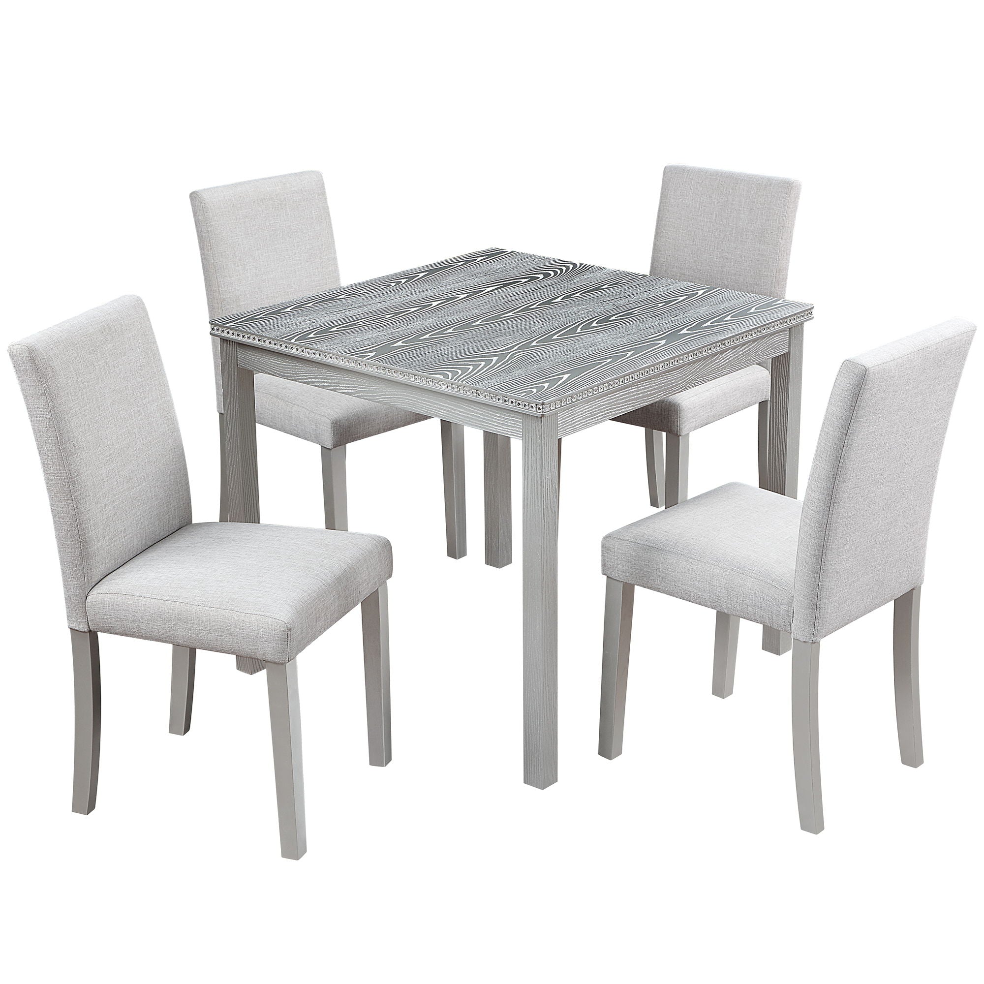 5 Piece Wooden Dining Table Set, Kitchen Table Set With A Square Table And 4 Upholstered Chairs, Wooden Dining Room Table With Crystal Decoration And Chairs Set For Kitchen, Dining Room - Silver Gray