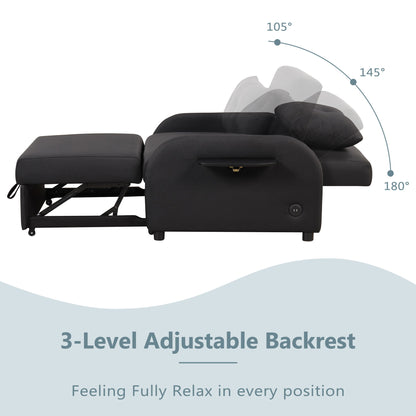 3 In 1 Pull Out Sofa Sleeper With Wing Table And USB Charge - Black