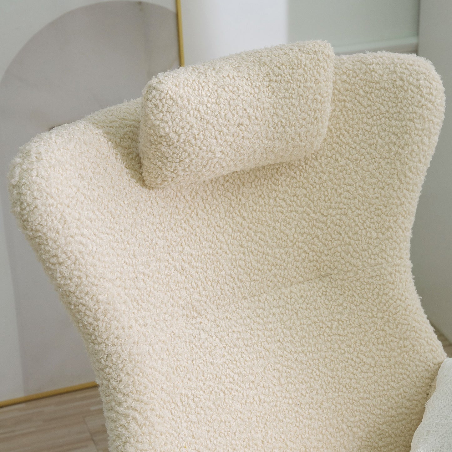 Rocking Chair Nursery, Teddy Upholstered Rocker Glider Chair With High Backrest, Adjustable Headrest & Pocket, Comfy Glider Chair For Nursery, Bedroom, Living Room, Offices, Rubber Wood - Beige