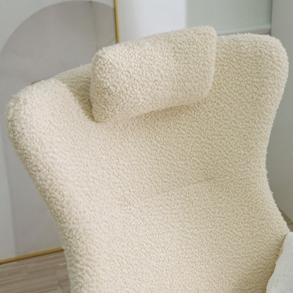Rocking Chair Nursery, Teddy Upholstered Rocker Glider Chair With High Backrest, Adjustable Headrest & Pocket, Comfy Glider Chair For Nursery, Bedroom, Living Room, Offices, Rubber Wood - Beige