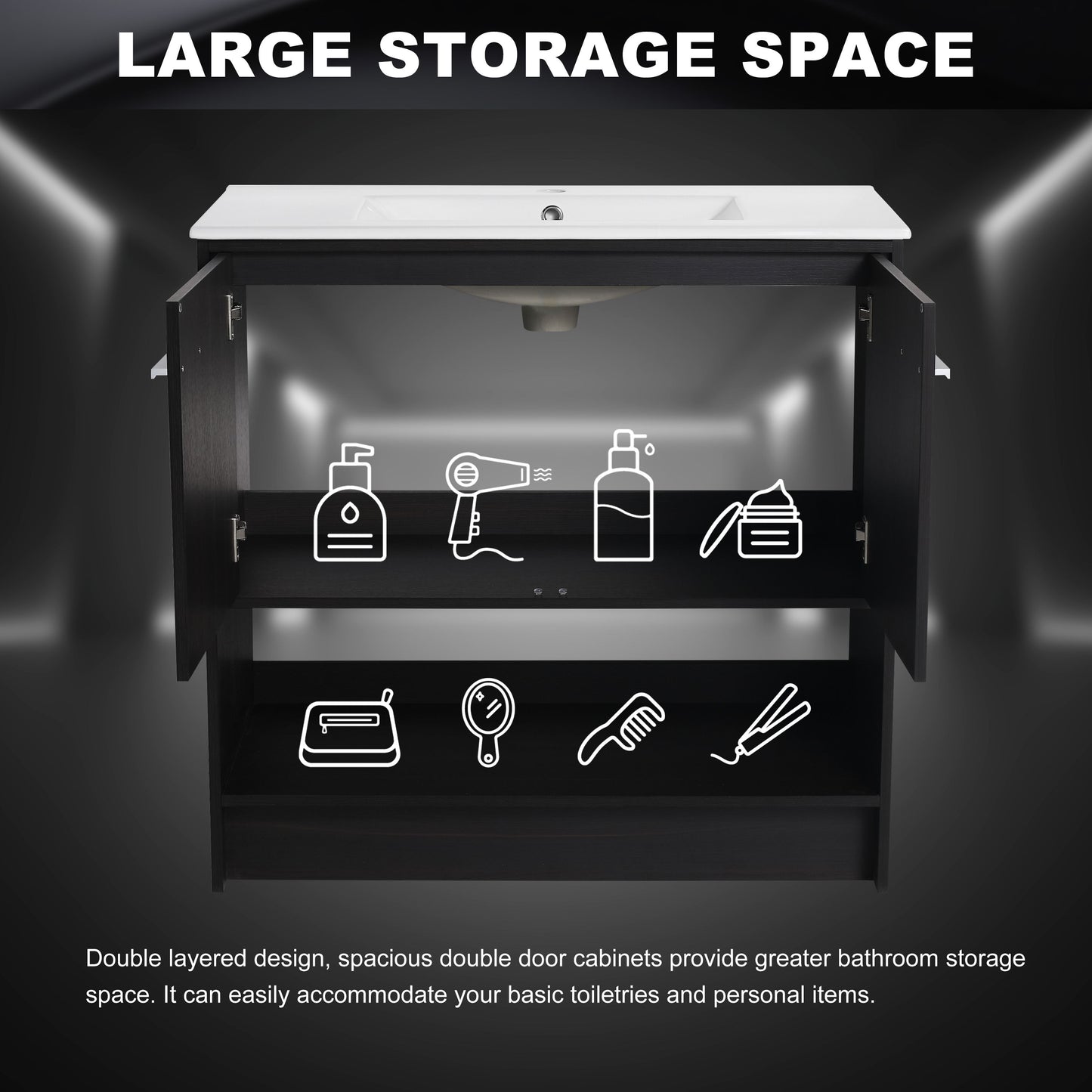 Modern 36" Bathroom Vanity With Ceramic Sink And Soft Closing Doors - Dark Oak