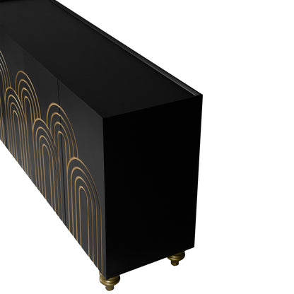 4 Door Cabinet Modern Fluted Sideboard Buffet With Storage, Curve Element With Strict Lines - Black