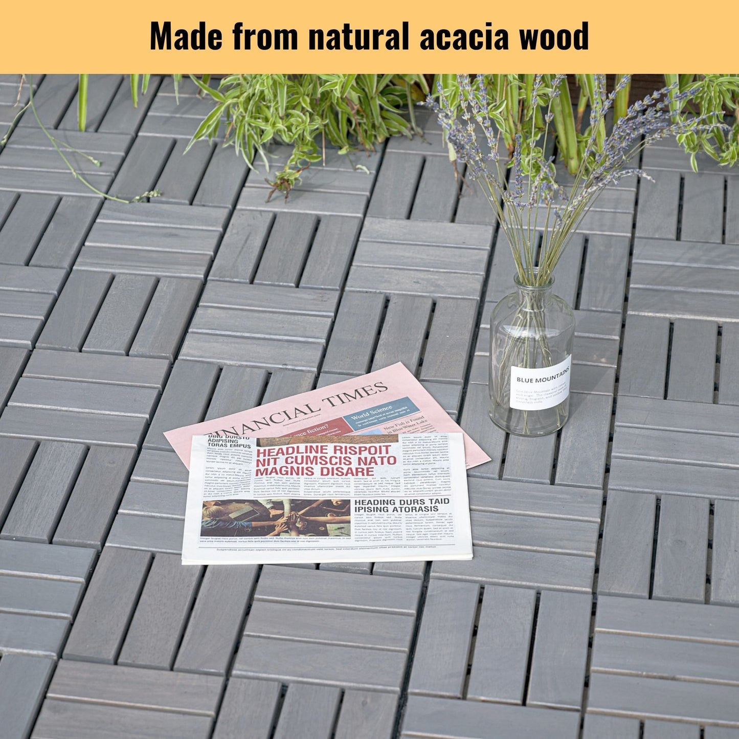30 Piece Interlocking Deck Tiles Checker Pattern, Square Acacia Hardwood Outdoor Flooring For Patio, Bancony, Pool Side - Light Gray