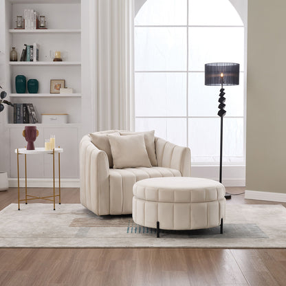 Oversized Swivel Barrel Accent Chair And Ottoman Set With Storage - Beige