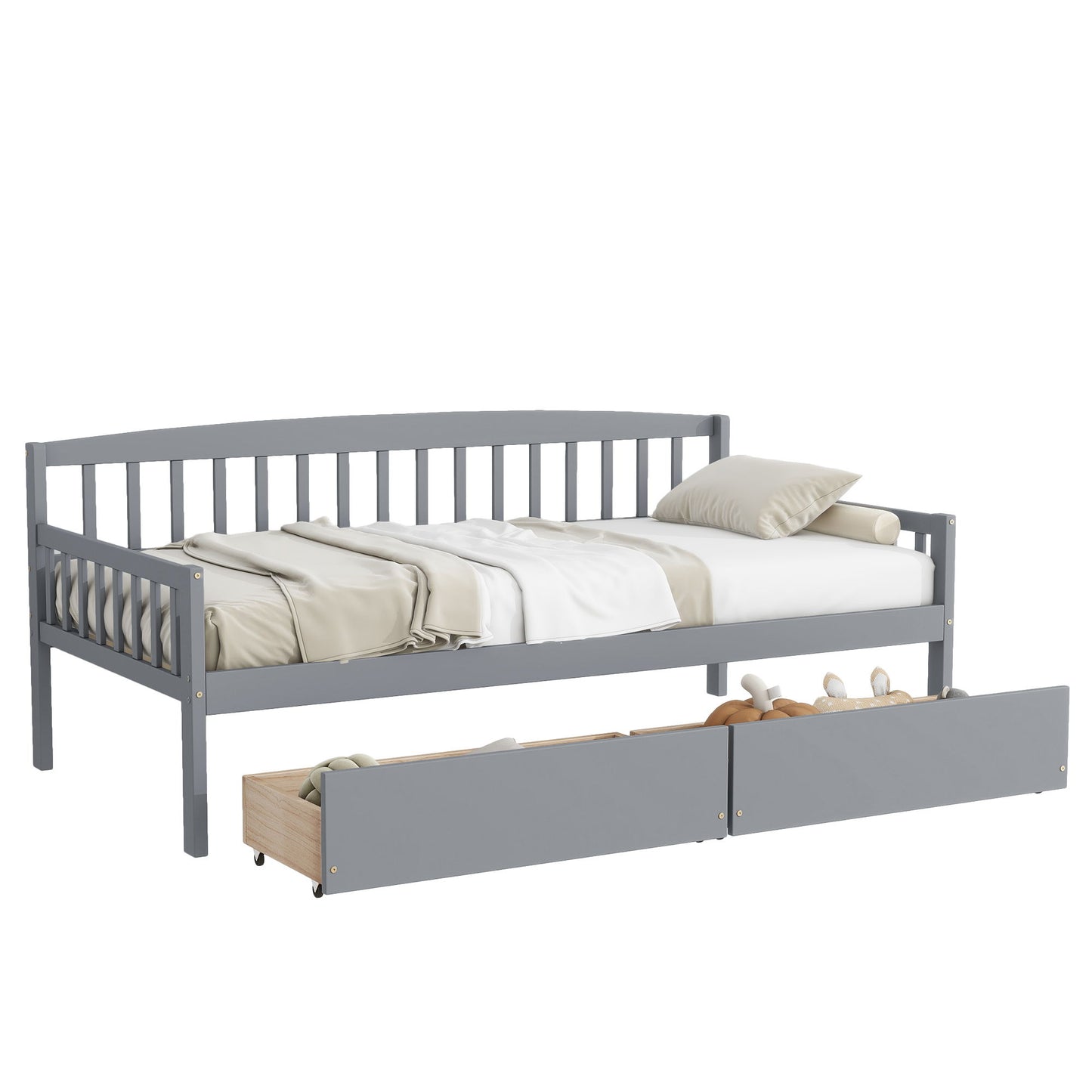 Twin Size Pine Wood Daybed With Two Storage Drawers, Sofa Bed With Bed Platform Of 10 Support Slats - Gray