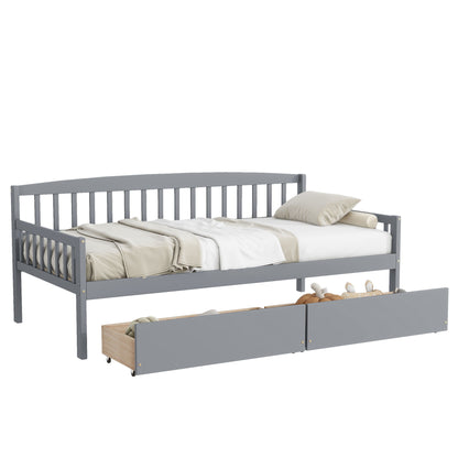 Twin Size Pine Wood Daybed With Two Storage Drawers, Sofa Bed With Bed Platform Of 10 Support Slats - Gray
