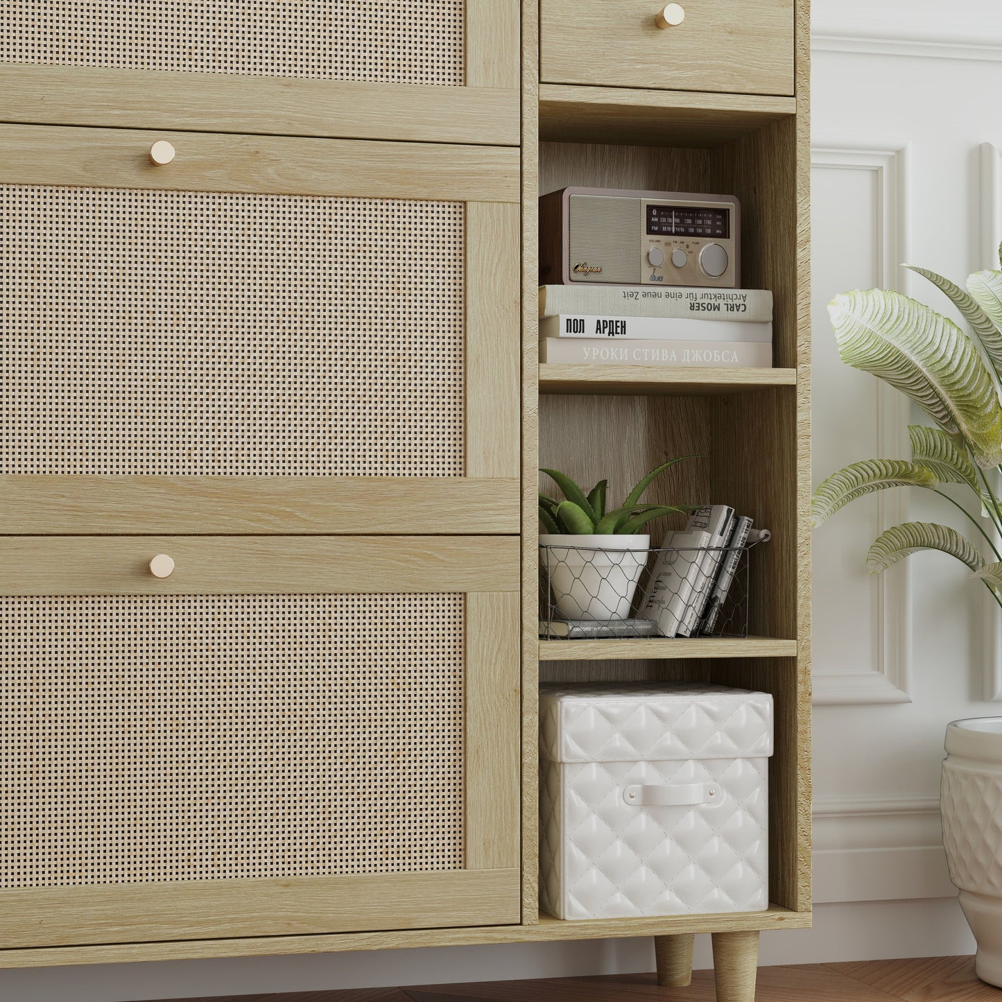 Natural Bohemia Style Shoe Cabinet, Shoe Rack Cabinet With 3 Rattan Flip Drawers, 3 Square Shelves And 1 Storage Drawer, Shoe Organizer With Mulit Storage Space And Hooks For Hallway, Entryway - Natural