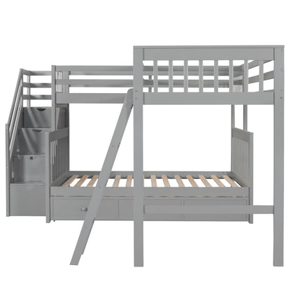 Twin Over Full L Shaped Bunk Bed & 3 Drawers, Ladder And Staircase - Gray