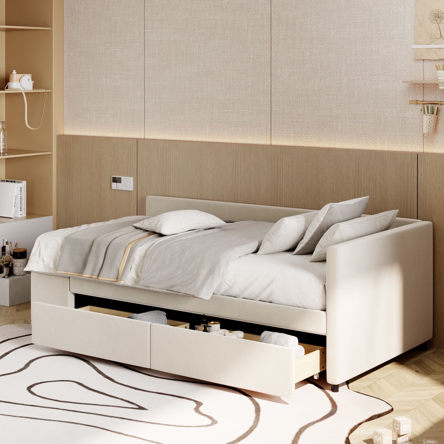 Twin L Shaped Upholstered Platform Bed With Storage And Drawers - Beige