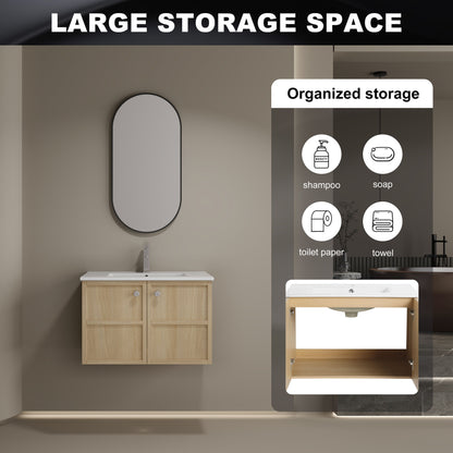 Modern Wall Mounted 30" Bathroom Vanity With Ceramic Sink And Soft Closing Doors - Oak